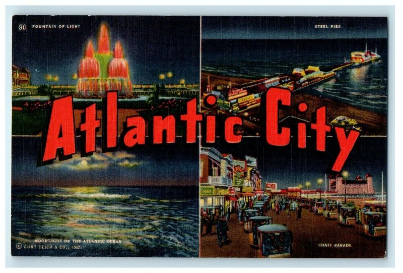 1954 Boardwalk Multiview At Night Atlantic City New Jersey NJ Vintage Postcard 