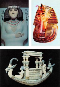 3~Postcards  1976 TUTANKHAMEN TOUR  Princess Nefert~Gold Mask~Alabaster Boat