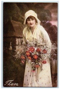c1910's Flora Pretty Woman White Bonnet With Flowers Oilette Tuck's Postcard