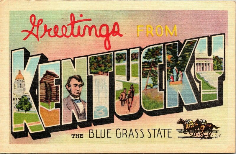 Greetings From Kentucky Blue Grass State Multiview Linen Postcard PM Cancel WOB 