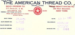 1942 AMERICAN THREAD CO ATLANTA GA R.F. STRICKLAND BILLHEAD INVOICE Z980