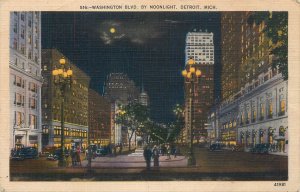 United States Detroit Michigan Washington Boulevard by Moonlight Linen Postcard