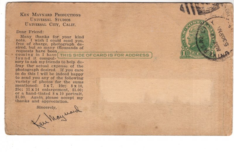 Actor Ken Maynard, on United States Postal Stationery, Used