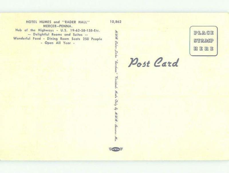 Unused Linen HUMES HOTEL Mercer Pennsylvania PA hr8306