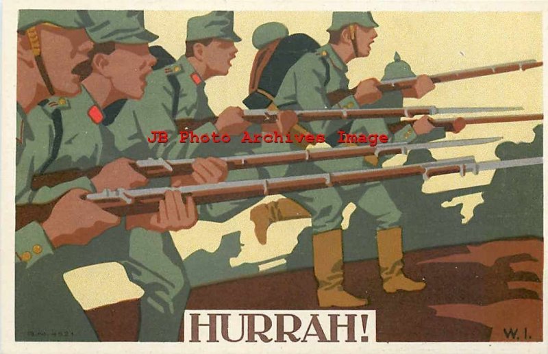 German Military Propaganda, Signed W.I., Hurrah! Soldiers Charging with Rifles 