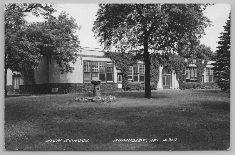 Humboldt Iowa~Art Deco High School~Bird Bath~My Building Where I Teach~1940 RPPC