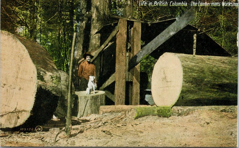Life in British Columbia Lumbermans Workshop Lumberjack Dog Repro Postcard E86