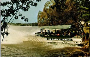 Vtg WI Wisconsin Dells Amphibious Duck Entering Lake Delton Boat Postcard
