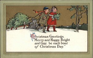 Christmas Boy and Girl Children Bring Christmas Tree Home c1910 Vintage Postcard