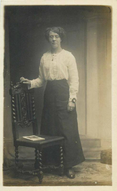 Women portraits near vintage chairs early photo postcards x 4