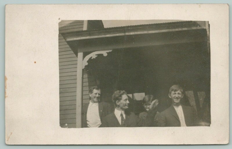 RPPC Charlie Reached to Pull Harold's Ear Just As I Snapped Picture~Porch c1910