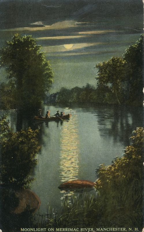 Moonlight Over Boaters on Merrimac River Manchester NH New Hampshire pm 1912 DB
