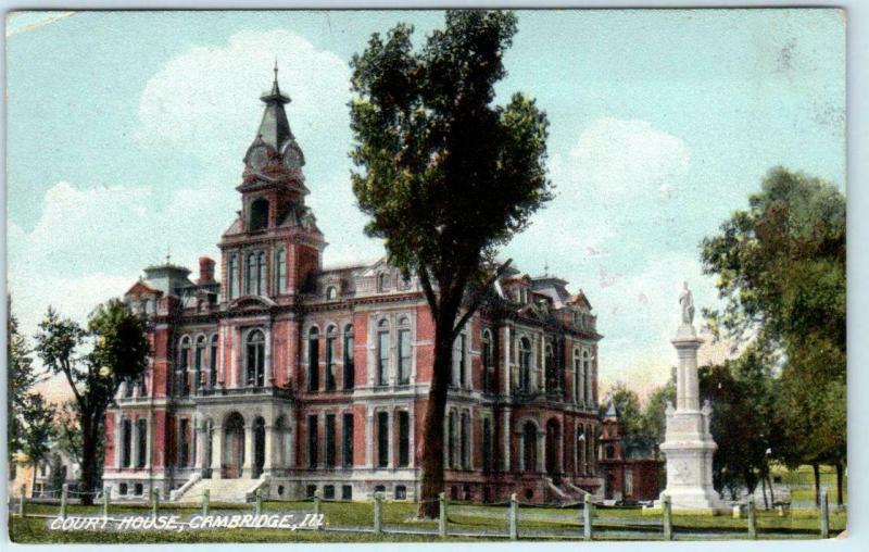 CAMBRIDGE, Illinois  IL    COURT HOUSE  Monument  1910 Henry County Postcard