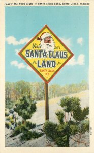 Postcard Indiana Santa Claus Road Sign 1940s Teich 23-3636