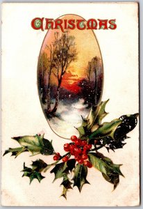 Christmas Sunset Scene with Holly, Winter Snow Landscape, Vintage Postcard