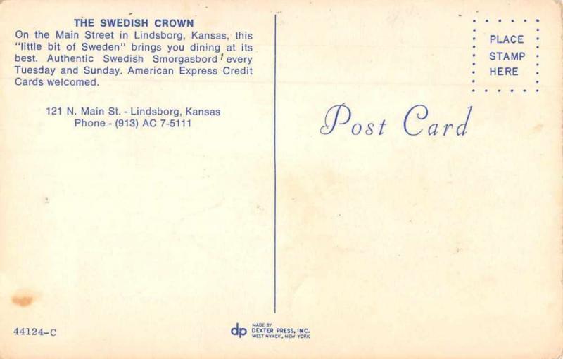 Lindsborg Kansas The Swedish Crown Restaurant Vintage Postcard J70878 