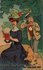 Old Man Flirts Young Pretty Woman Comic Parrot Bird c1900s-20s Vintage Postcard
