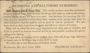 Franklin Davis Nursery Richmond Baltimore 1884 Postal Card Agriculture