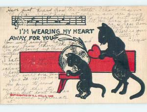 Pre-Linen halloween Valentine UNLUCKY BLACK CATS USING A GRINDING WHEEL HL6964