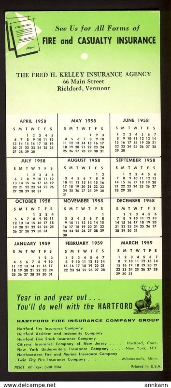 Richford, Vermont USA - F H Kelley, Hartford Insurance, 1958 calendar BLOTTER