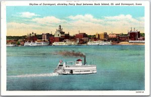 1943 Skyline David Port Ferry Boat Rock Island IL & Davenport IA Posted Postcard