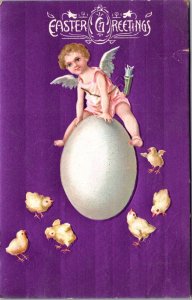 Easter PC Cherub Angel Sitting on Top of Egg Chicks Purple Stripped Background