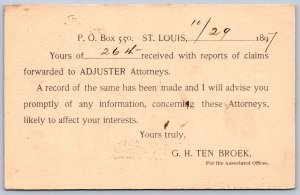 K34/ St Louis Missouri Postcard c1897 G.H. Ten Broek Attorney Postal 96