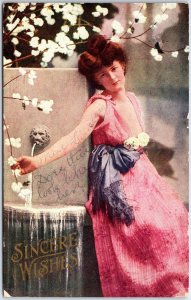 VINTAGE POSTCARD SINCERE WISHES GREETINGS WOMAN IN TRANCE POSTED BURROUGH CALIF