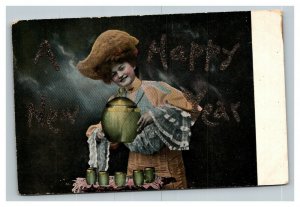 Vintage 1900's New Years Postcard Woman Serving Punch Huge Hat Glittered Face