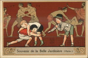 Boys Wrestling Greco-Roman Motif Belle Jardiniere Paris Postcard c1910