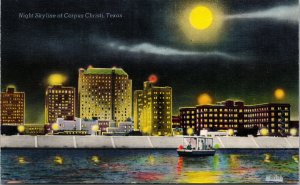 Vtg 1950s Night Skyline of Corpus Christi Texas TX Unused Chrome Postcard