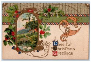 1909 Christmas Greetings Swan Pond Holly Berries Embossed St. Louis MO Postcard