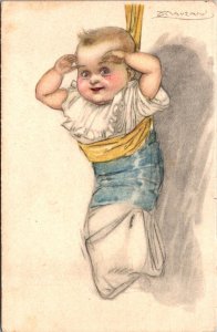 Mauzan artwork Postcard Baby Wrapped Up and Hanging Up