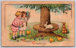 Easter Greetings Fantasy Children Rabbit Chicks 1927 DB Postcard K3