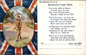 Wool Dorset Bovington Camp Armed Soldier Union Jack Poem Vintage Postcard
