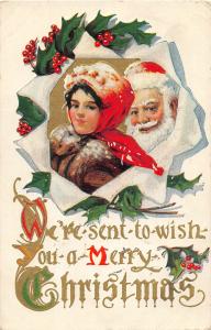 F24/ Santa Claus Merry Christmas Postcard c1910 Child Holly 4