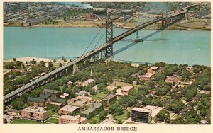 Vintage Postcard Ambassador Bridge Detroit Michigan Windsor Ontario Canada