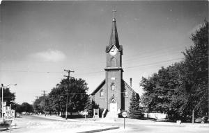 Gillett Wisconsin~St John's Lutheran Church & Street Scene~Mobil Gas~1950s RPPC