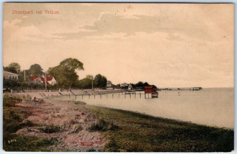 c1910s Vedbak, Denmark Beach Pier Bathhouse Wooden Jetty Houses Trees Shore A356