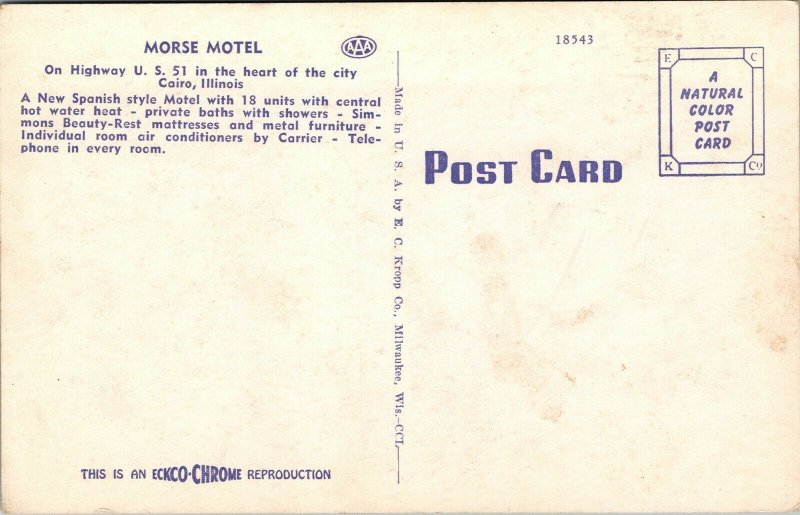 Vtg Cairo Illinois IL Morse Motel Highway 51 Roadside 1950s Postcard 