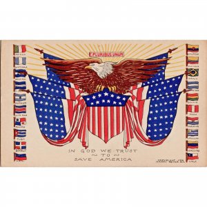 Original 1941 WWII Patriotic Postcard - American Flags - Eagle - IN GOD WE TRUST