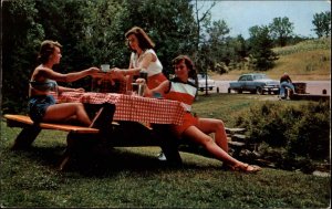 Rangeley Lakes Maine ME Pretty Women Picnic Table Car c1950s-60s Postcard