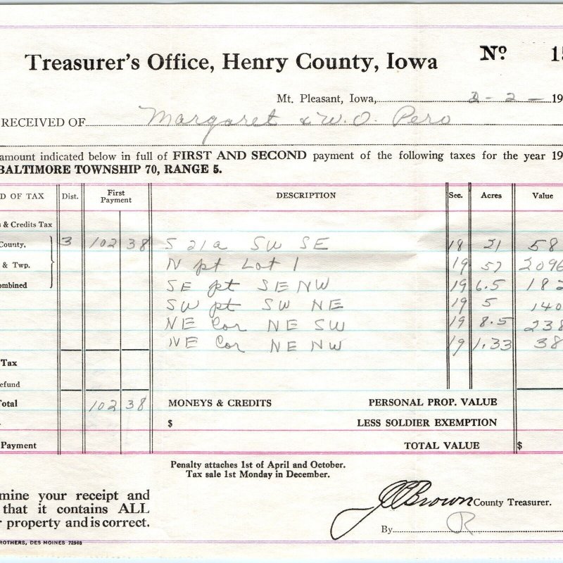 1945 Baltimore Twp, Mt Pleasant, Henry Co IA Property Tax Receipt Form Paper C47