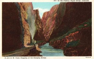 Vintage Postcard Royal Gorge Colorado D. & R.G.W. Train Stopping Hanging Bridge