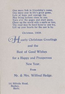 1939 WW2 Xmas Greeting Card from Hillside Road Bushey Hertfordshire