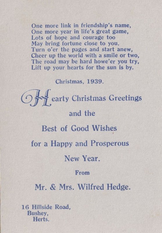 1939 WW2 Xmas Greeting Card from Hillside Road Bushey Hertfordshire