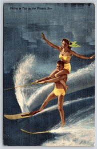 Florida~Cypress Gardens~Skiing Is Fun~Water Ski Champions~Linen 1940s Postcard