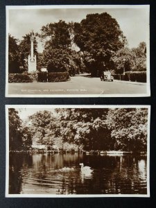 Hertfordshire 2 x POTTERS BAR War Memorial & Oakmere Lake c1940s RP PC by Boddy