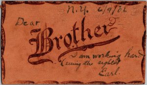 LEATHER Antique Postcard Brother Large Letter New York 1906 KJ13