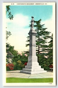 Confederate Monument Greenville South Carolina Linen Postcard Unused Statue SC